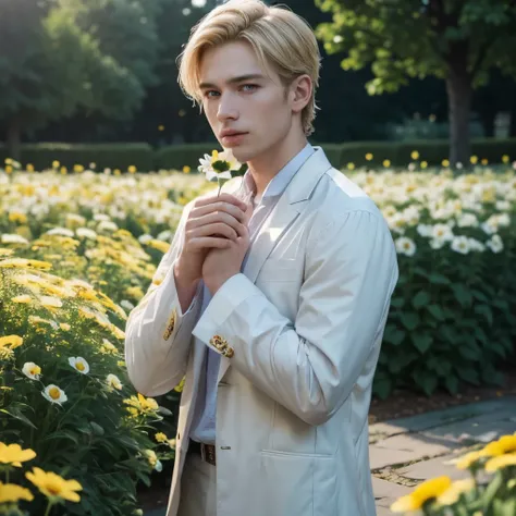 A handsome man in a flower garden, blonde hair, holding a daisy in his mouth, wearing stylish and beautiful clothes, elegant pose, full body, short hair, (best quality,4k,8k,highres,masterpiece:1.2),ultra-detailed,(realistic,photorealistic,photo-realistic:...