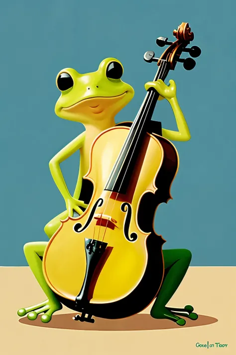 Little frog playing the cello tender soft textures, 2D, illustration, animated cartoon,