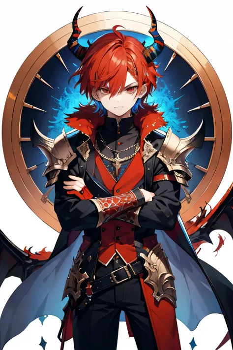 Masterpiece, detailed, Best Quality , alone 1 chico, masculine , red hair and blue hair , multicolor fur , 18 years, YOUNG, high , demonic armor , demonic horns , dragon , crossed arms , short medium hair , serious expression , pointed ears , whole body , ...