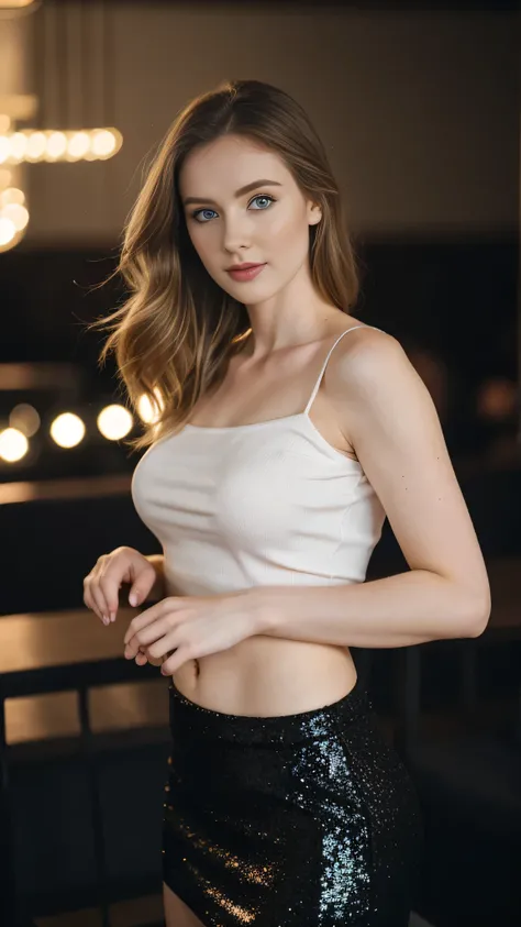 an icelandic woman with beautiful Delicate eyes, Beautiful and delicate lips, Extremely detailed face and skin, Pale skin, 23 years old, Wearing a one-shoulder T-shirt, black sequined skirt, skirt, high heels, medium long shot, dancing in the dance hall, b...