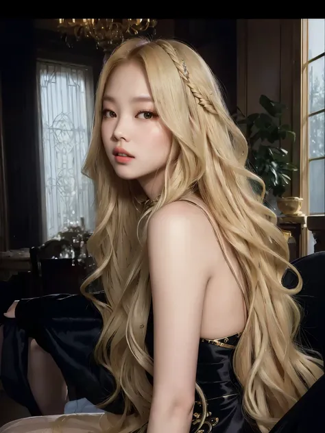 araffed woman with long blonde hair sitting on a chair, long glowing ethereal hair, with long blond hair, roseanne park of black...