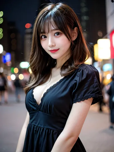 Tabletop, Highest quality, shape, Very detailed, finely, High resolution, 8k wallpaper, Perfect dynamic shape, Finely beautiful eyes, Wearing a black dress,Medium Hair,Natural color lip, smile,harajuku、Teenage Girl、cute、Looking into the camera、C Cup、Brown ...