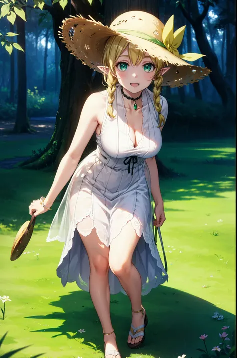 Suguhakirigaya, Suguhakirigaya, Long Hair,Blonde,Green Eyes,Pointy Ears,Short braids,,happy smile, smile, Open your mouth,Big Breasts,White straw hat,White sleeveless dress, bare arms,Green long skirt,Cute Sandals,Walking,Clear skies,whole bodyがイラストに入るように,...