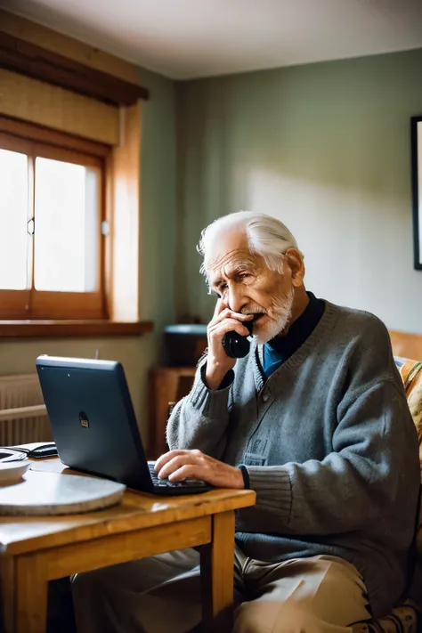 elderly man sitting in a cozy room, holding a telephone in his hand. The room could have a comfortable armchair, a small side table with a telephone on it, and perhaps some family photos displayed on the walls. The elderly mans face shows a mix of concern ...