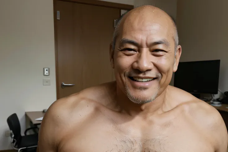 A 63-year-old Japanese man with a simple face, rugby player build, height 183cm, weight 88kg, smiling, chest hairy, slightly bald,Shirtless and excited in the office