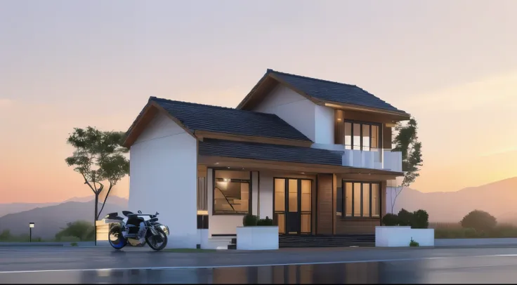a rendering of a small house with a motorcycle parked in front of it, frontview, complete house, front-view, front view, in style of simplified realism, front view dramatic, concept house, front elevation view, rendering, front facing view, 2 d render, res...