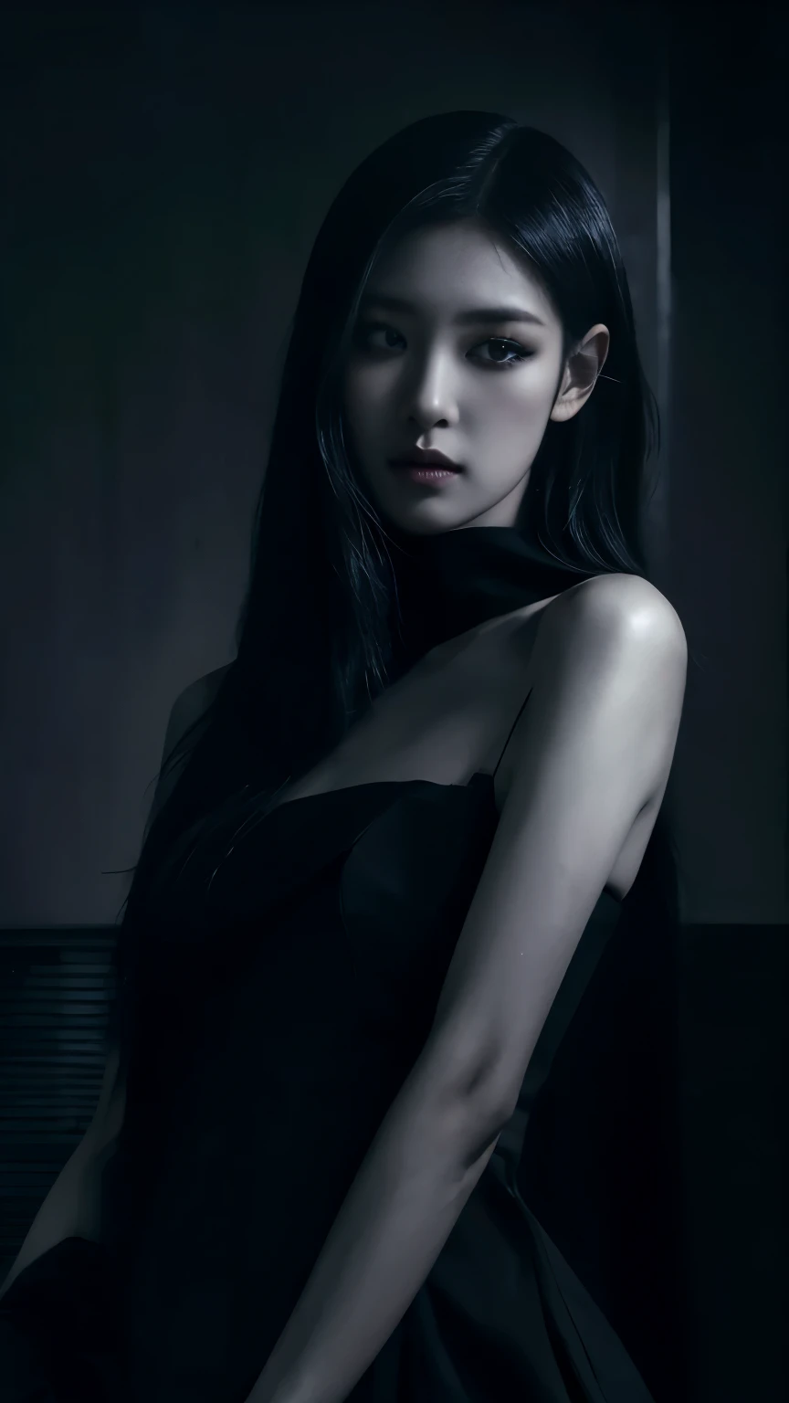 (best quality, highres:1.2), realistic, black dress, black hair, dark theme, black background, dark ninja, intense gaze, elegant posture, flowing dress, detailed facial features, long eyelashes, contrast, fine details, dramatic atmosphere, gothic style, in...