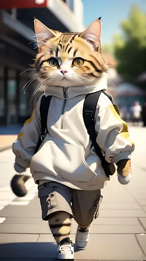 create a realistically textured bipedal calico cat。a cat with random grey patterns.、sporty man clothing（soccer shirts、jerseys et...