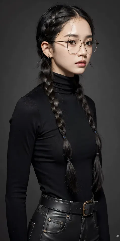 masterpiece, high quality cg, anime, illustration, best quality, 1girl, bound, bondage, beautiful face, detailed face, cowboy shot, dokkaebi, 1girl, solo, looking at viewer, black hair, braid, glasses, black gloves, belt, pants, black eyes, twin braids, s...
