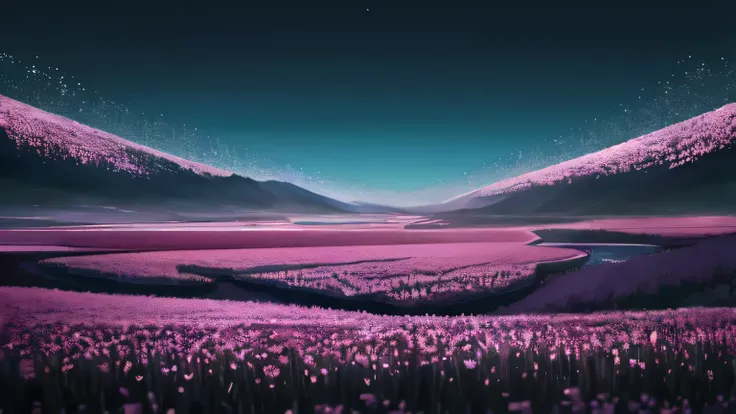 Animated flower field with sky background, You can see the river in the distance, The sky is dim, A beautiful and harmonious scene, Exquisite animations, Rich details (Width is 672), high quality, Vivid 4K, Artistic 4k wallpapers, Amazing anime scenery, 8k...