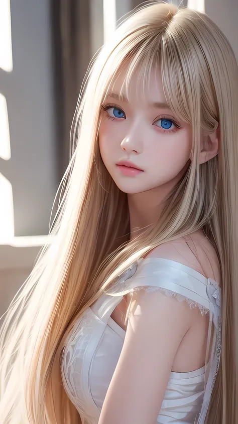Highest quality、masterpiece、Ultra-high resolution、(Photorealistic:1.4)、1 Girl、14 years old、The ultimate beautiful girl、Very beautiful shiny light pale blonde hair、Super long straight silky hair、bangs over eyes、片bangs over eyes、Blonde hair between the eyes、...