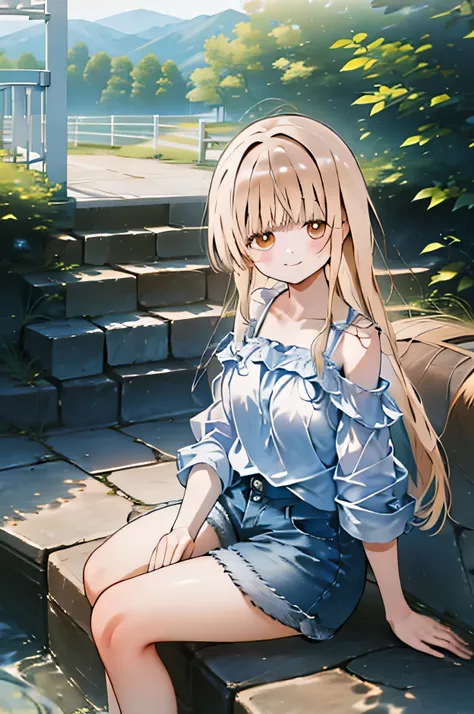 Best masterpiece, anime coloring, ultra-detail, 8k、((Sitting on the open corridor))、summer, morning, sun、White off-shoulder jeans with shorts、from below、looking down、smile