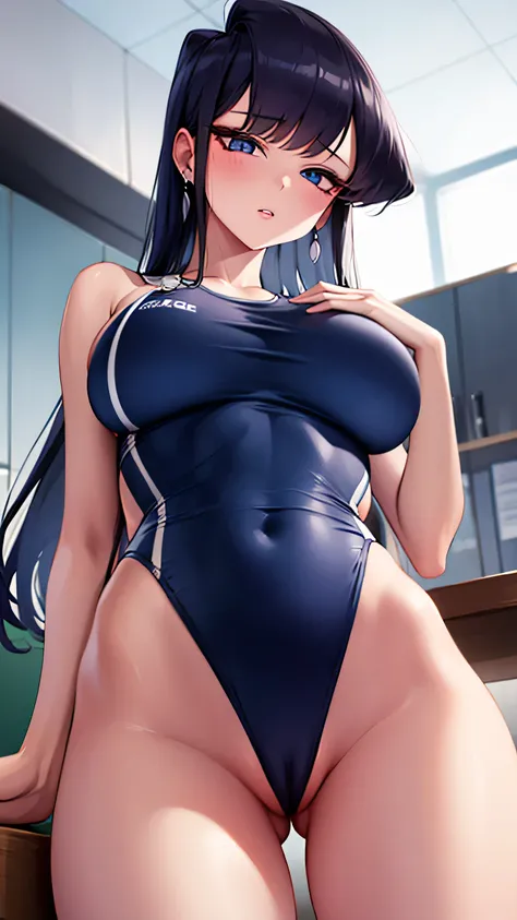 Komi Shouko, komi_shouko, 1girl, purpke hair, long hair, purple eyes, jewelry, earrings, piercing, nude, (pussy:1.2) BREAK ((thin pussy)), (thin student swimsuit), swimsuit, look from below, standing, see through pussy, (crotch cutout), wet, crotchless,lar...