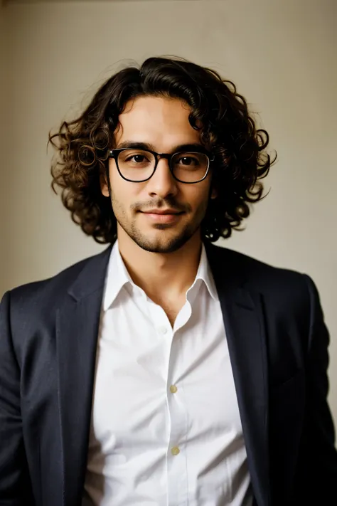 image of a curly haired man in glasses, barba
