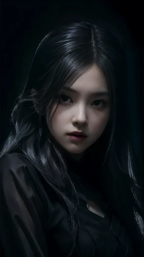 (best quality, highres:1.2), realistic, black dress, black hair, dark theme, black background, dark ninja, intense gaze, elegant posture, flowing dress, detailed facial features, long eyelashes, contrast, fine details, dramatic atmosphere, gothic style, in...