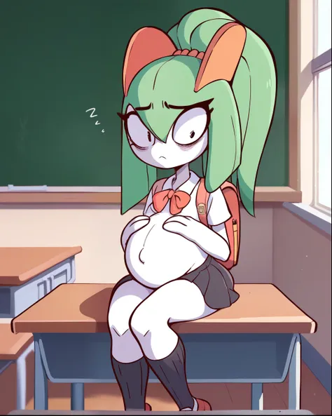 score_9, score_8_up, 1girl, kirlia, happy, full body, school, human proportions, looking at viewer, by diives, pregnant, pregnancy, shy smile, rubor, mirada cansada, sitting, desk, sit on desk, de pie, classroom, salon de clases, school, manos en el vientr...