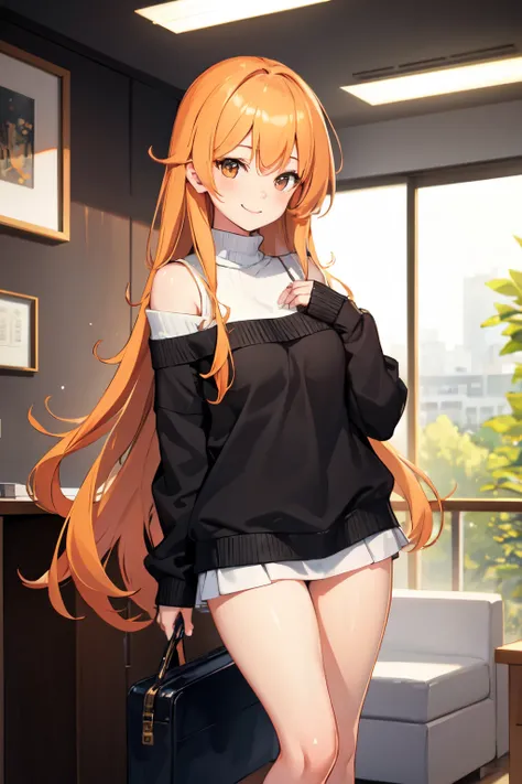 ((Highest quality)), ((masterpiece)), (detailed), One girl, Off-the-shoulder sweater,((Highest quality)), ((masterpiece)), (detailed), high school girl, Lewd,Naughty plain clothes，Orange long hair，Returning home，Nice body，smile