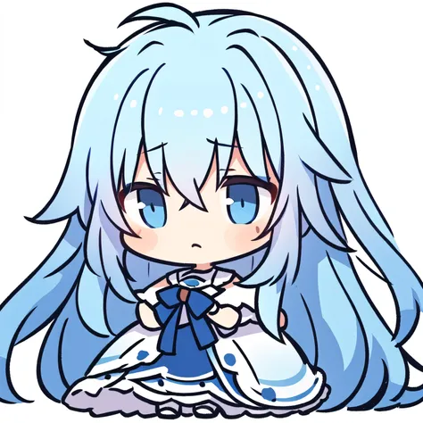 Masterpiece, best quality, girl, long hair, Ahog, messy hair, blue and white gradient hair, simple background, sad face