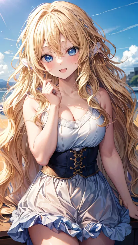 Very detailed、best quality、Best image quality、masterpiece、8K、Anime Face、A kind smile、open mouth、Sparkling blue eyes、(Blonde wavy hair:1.5)、Hands on hipini skirt、camisole