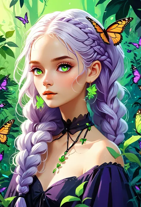 Vector illustration，Beautiful witch with two purple braids，Purple Eyes，White hair-purple-long braids。jungle，vegetation，Lush，, Digital illustration style, Fluorescent green color scheme, Soft shadows, Simple line art, close up, Minimalism, Soft colors, Swar...