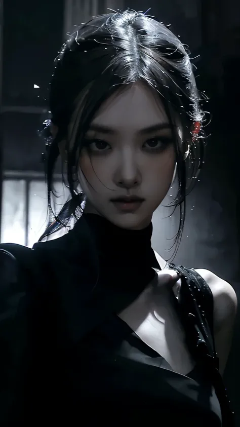 (best quality, highres:1.2), realistic, black dress, black hair, dark theme, black background, dark ninja, intense gaze, elegant posture, flowing dress, detailed facial features, long eyelashes, contrast, fine details, dramatic atmosphere, gothic style, in...