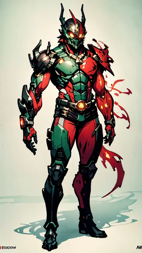 A man wearing a full-face helmet, a fantasy-style biotech armored combat suit, green eyes, (a composite layered chest armor), fully enclosed shoulder guards, matching arm and leg guards, the belt is adorned with dragon claw grasping orbs, (the color scheme...