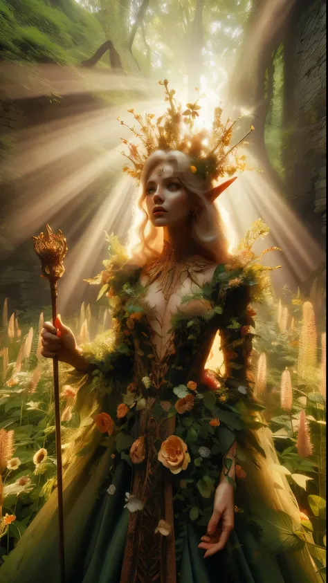 In a dappled, ancient forest ruin, an Elf Princess stands tall close to camera, closeup shot, her scepter raised high as beams of warm sunlight filter through the trees, casting a golden halo around her regal figure. covered in an ultra-multitude of flower...