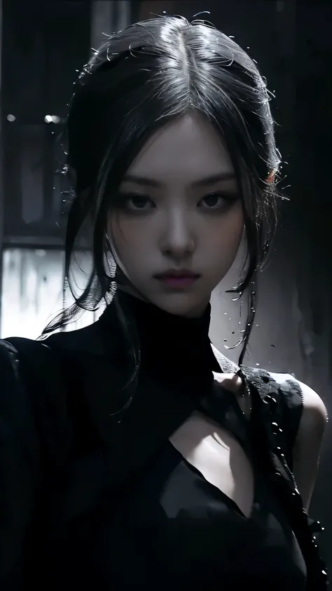 (best quality, highres:1.2), realistic, black dress, black hair, dark theme, black background, dark ninja, intense gaze, elegant posture, flowing dress, detailed facial features, long eyelashes, contrast, fine details, dramatic atmosphere, gothic style, in...