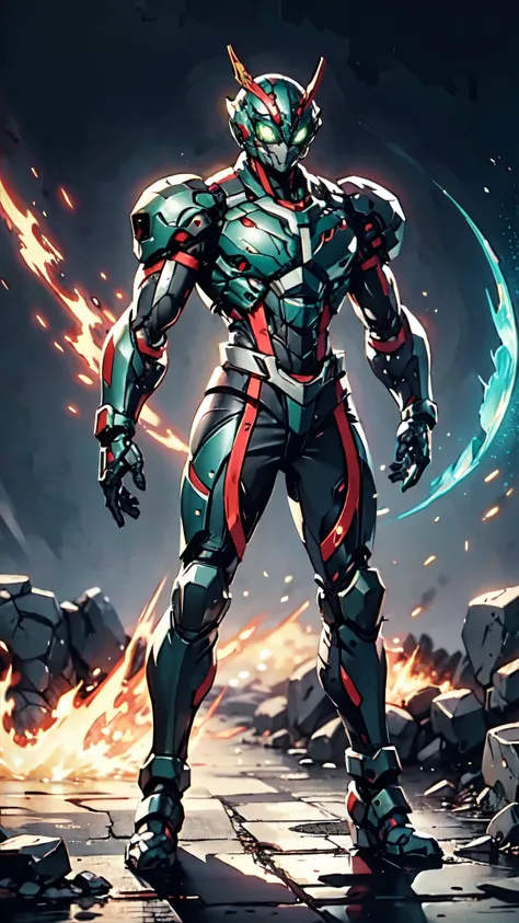 A man wearing a full-face helmet, a fantasy-style biotech armored combat suit, green eyes, (a composite layered chest armor), fully enclosed shoulder guards, matching arm and leg guards, the belt is adorned with dragon claw grasping orbs, (the color scheme...