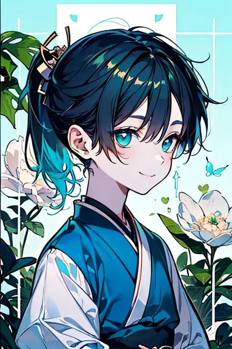 chibi character,Goblin motif,(brush),((cute,kawaii,wonderland)),(A shy open-mouthed smile),((Small Corner:1.3)),Shiny,((Ponytail Hair)),(green,Navy,light blue),(blue series color),((boy,Shota,juvenile:1.2)),(Zashiki Doji:1.25).