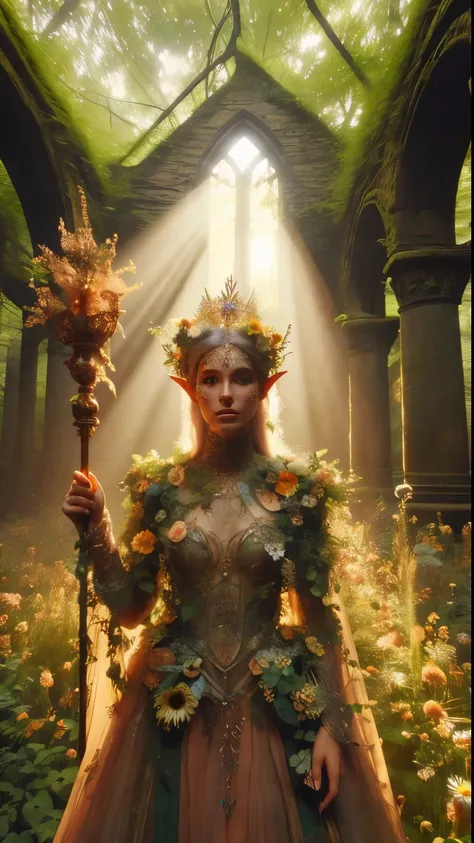 In a dappled, ancient forest ruin, an Elf Princess stands tall close to camera, closeup shot, her scepter raised high as beams of warm sunlight filter through the trees, casting a golden halo around her regal figure. covered in an ultra-multitude of tiny f...