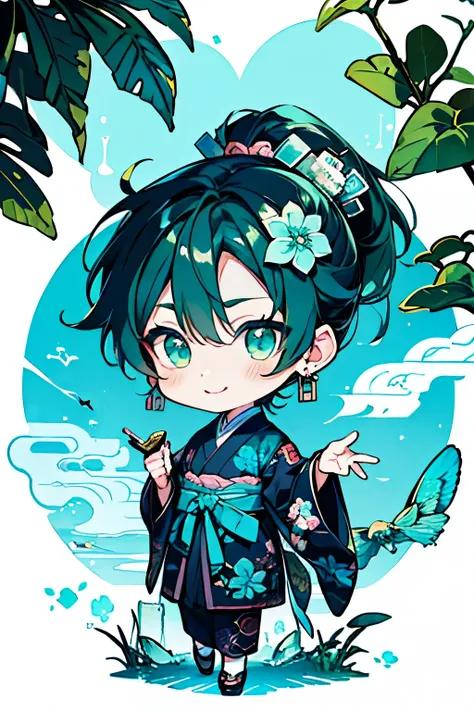 chibi character,Goblin motif,(brush),((cute,kawaii,Japan old-fashioned,Apparition)),(A shy open-mouthed smile),((Small Corner:1.3)),Shiny,((Ponytail Hair)),(green,Navy,light blue),(blue series color),((boy,Shota,juvenile:1.2)),(Zashiki Doji:1.25).