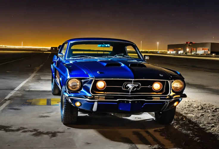 (masterpiece), (best quality), highres, no humans, cobalt blue 1968 ford mustang bullitt, abandoned airport, nighttime, cowboy shot, machine guns hidden in front bumper