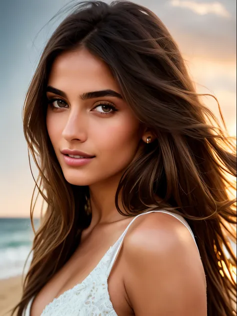 Cinematic soft lighting illuminates a stunningly detailed and ultra-realistic beautiful Middle-Eastern supermodel, beach look, long messy windy brown hair, clear honey eyes, captivating perfect smile, sensual, hot woman, gorgeous, that is trending on ArtSt...