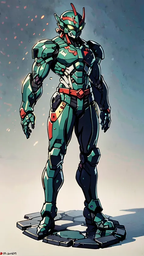 A man wearing a full-face helmet, a fantasy-style biotech armored combat suit, green eyes, (a composite layered chest armor), fully enclosed shoulder guards, matching arm and leg guards, the belt is adorned with dragon claw grasping orbs, (the color scheme...