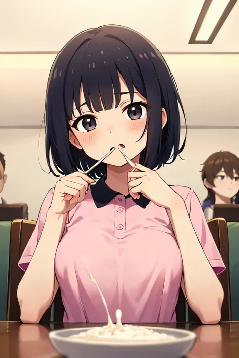 Highest quality, High resolution, 1.female, black eyes cum in lunch box cute pink polo shirt small breasts short hair, Black Hair, table chair, Sitting,  Focus on face Perfect spoon in right hand Large amount of semen in mouth Male genitalia from below Onl...