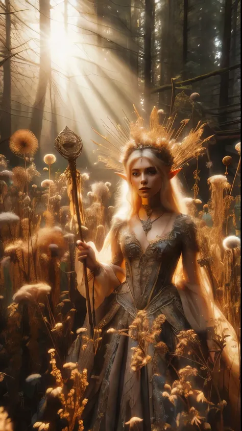 In a dappled, ancient forest ruin, an Elf Princess stands tall close to camera, closeup shot, her scepter raised high as beams of warm sunlight filter through the trees, casting a golden halo around her regal figure. covered in an ultra-multitude of tiny f...