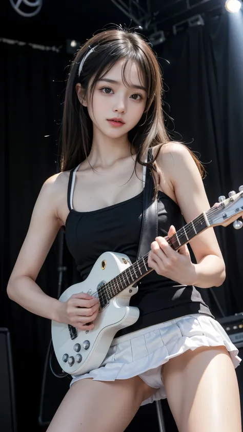 (Highest quality, 8K, masterpiece:1.2, RAW Photos), (Realistic:1.2), Beautiful girl, Japanese, (Innocent face, Teenage Beauty, Baby Face:1.4, Idol&#39;s face), ((Playing electric guitar))、(Stand with your feet apart:1.2, White panties shot:1.4), (Cute tank...