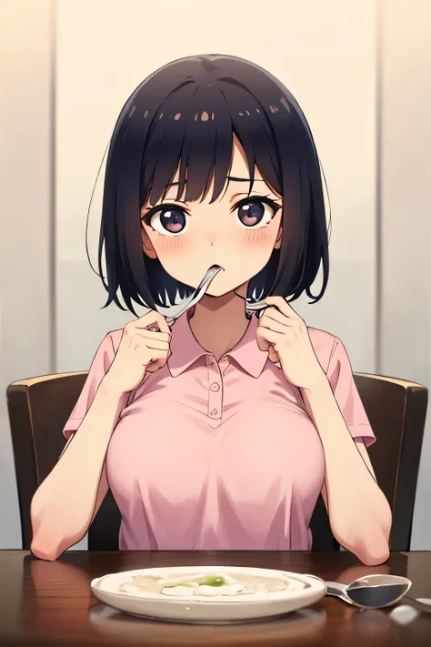 Highest quality, High resolution, 1.female, black eye (There is semen on the lunch box:1) Cute Pink polo shirt Small breasts Short hair, Black Hair, table chair, Sitting,  Focus on face Perfect spoon in right hand Large amount of semen in mouth Male genita...