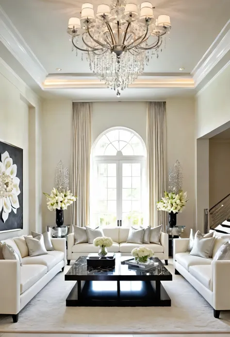 A luxurious living room, awash in a palette of white and cream, exudes a sense of refined elegance. The plush white sofas and armchairs, accented with delicate silver pillows, invite relaxation, while the sleek, modern coffee table and the shimmering cryst...