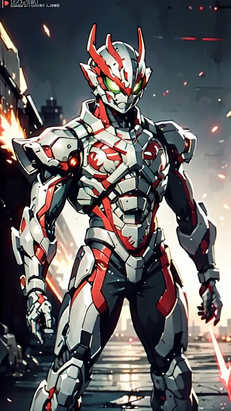 A man wearing a full-face helmet, a fantasy-style biotech armored combat suit, green eyes, (a composite layered chest armor), fully enclosed shoulder guards, matching arm and leg guards, the belt is adorned with dragon claw grasping orbs, (the color scheme...