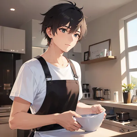 (25-year-old male:1.5) and (Brown short hair) and (Green Eyes),(looking away:1.5),Side shot、 shiny skin,masterpiece、Highest quality、(White T-shirt:1.5),The background is the living room,(alone:1.5)、(apron:1.5)、Doing laundry