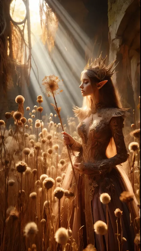 In a dappled, ancient forest ruin, an Elf Princess stands tall close to camera, closeup shot, her scepter raised high as beams of warm sunlight filter through the dried withered grasses and dry seedpods, casting a golden halo around her regal figure. cover...