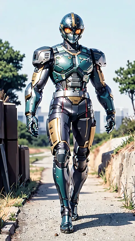 a man wearing a full-face helmet, a fantasy-style biotech armored combat suit, green eyes, (a composite layered chest armor), fu...