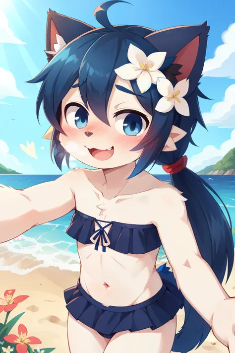 score_9,score_8_up,score_7_up, source_cartoon, source_furry, cat boy, cat tail, dark blue hair, hair over one eye, high long ponytail with volume,spike side hair, furry, blush, looking at viewer, smile, 1boy, cat ears, furry male, white body fur, ((flower ...