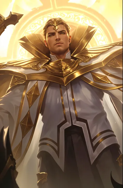 a close up of a man in a suit with a sword, holy paladin, gold paladin, magic the gathering artstyle, collectible card art, detailed intricate portrait, chiaroscuro lighting, dramatic lighting, cinematic composition, highly detailed, masterpiece, photoreal...