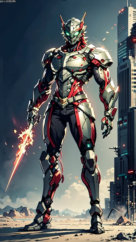 A man wearing a full-face helmet, a fantasy-style biotech armored combat suit, green eyes, (a composite layered chest armor), fully enclosed shoulder guards, matching arm and leg guards, the belt is adorned with dragon claw grasping orbs, (the color scheme...