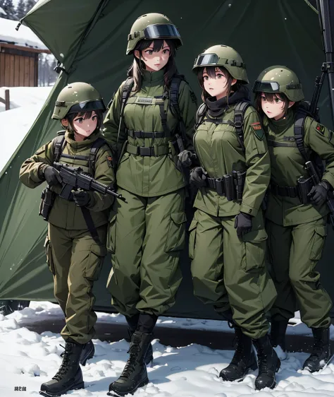 Three female soldiers wearing dark green thick coats、Wearing a helmet、Magazine Pouch、Tactical shoulder strap、Dark green military pants、All with guns、Snowy campsite、Write details、masterpiece、best quality、Highly detailed CG、8K picture quality