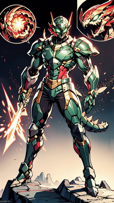 A man wearing a full-face helmet, a fantasy-style biotech armored combat suit, green eyes, (a composite layered chest armor), fully enclosed shoulder guards, matching arm and leg guards, the belt is adorned with dragon claw grasping orbs, (the color scheme...