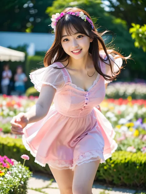 (Best-quality, Masterpiece, Ultra-High-Resolution, (Photorealistic:1.4), Raw Photo, depth of field, professional lighting, perfect anatomy, extremely details), 1girl, 15-years-old, the most famous Japanese idol, (((running wild at flower garden, dynamic po...